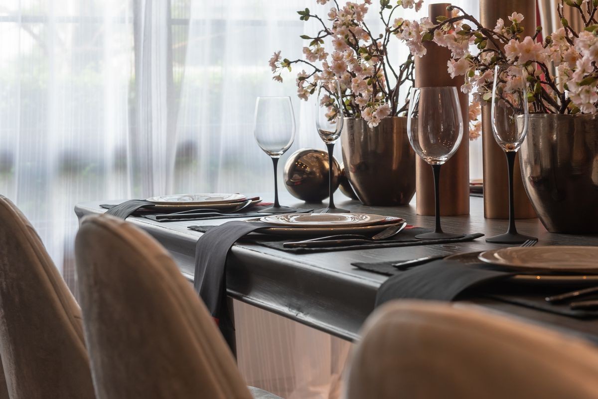 classic style dining room with table set on wooden dining room, interior design decoration concept